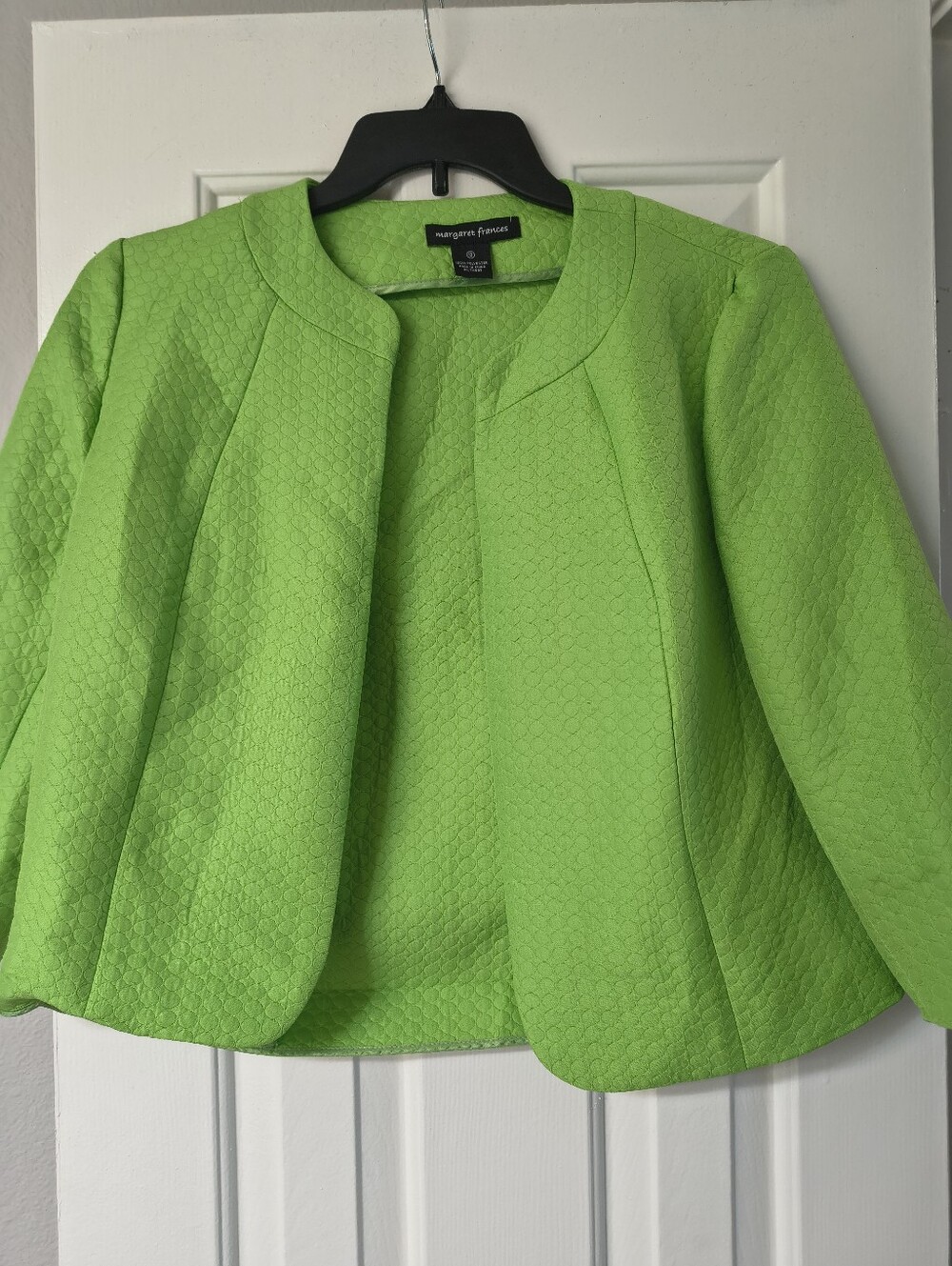 Margaret Frances Lime Green Textured Open Front Jacket – Size 10